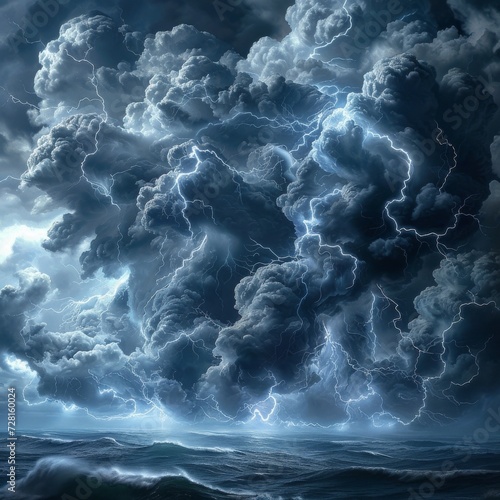 Dark Thunderclouds with Lightning over Turbulent Sea