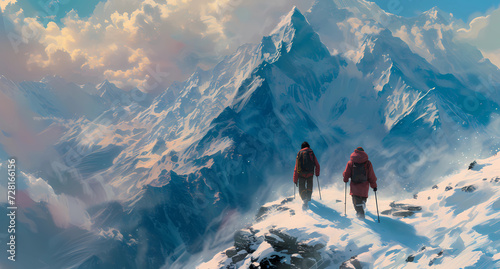 two people walking on mountains
