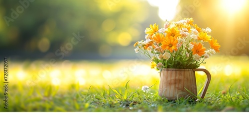 Basket of yellow flowers on green grass