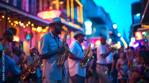 Jazz musicians performance in New Orleans. Vibrant Mardi Gras street parade. Historic French Quarter buildings in the background. Jazz Appreciation Month. AI Generative