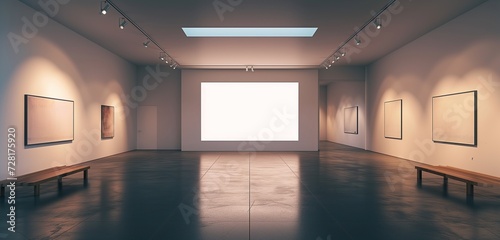 A sleek, modern art gallery with pristine white walls and a single empty frame in the center, illuminated by a focused spotlight, casting dramatic shadows.