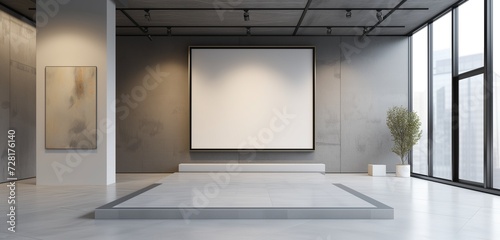 A sophisticated art gallery with a single, oversized empty frame, set against a backdrop of sleek, gray walls.