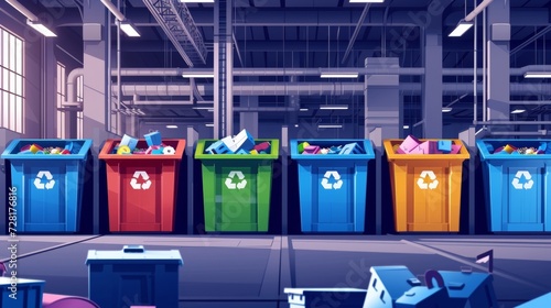 Multicolored bins labeled for different types of waste showcasing the implementation of a circular economy waste management system within the manufacturing facility.