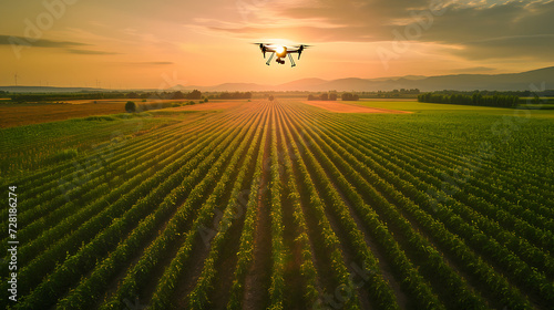 Um drone agrícola equipado com tecnologia de I A monitorando a saúde das plantações e fornecendo dados em tempo real para a agricultura de precisão e otimização do rendimento