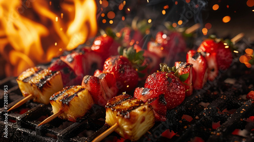 A feast for the senses charred dessert delights tantalize with their smoky aroma and mouthwatering appearance. Luscious strawberries and pineapples sizzle on skewers their