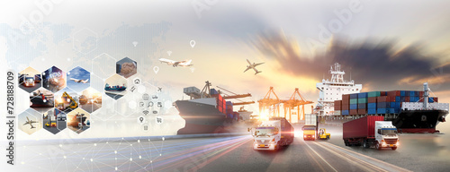 Smart logistics and transportation Concept, Transportation and logistic network distribution growth. Container cargo ship and trucks of industrial cargo freight for import export industrail background