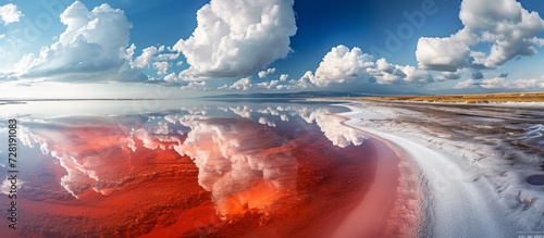 Coastline: Stunning Red Salt Lake Reflects Majestic Water Views along the Coast