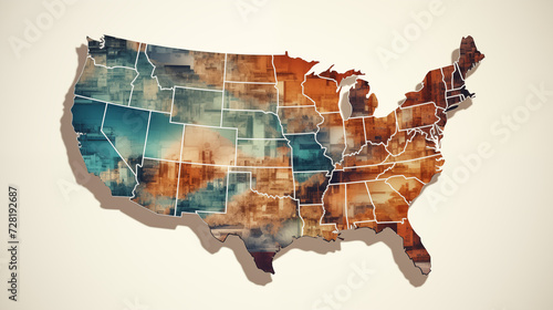 Map states of USA map with states texture brown paper surface isolated on a white background. United States of America map, style retro vintage background,usa map ai concept.