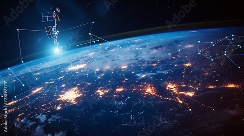 Uma constelação de satélites em órbita terrestre formando uma rede de internet via satélite para fornecer conectividade de internet de alta velocidade global