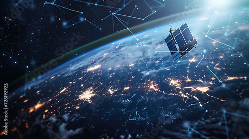 Uma constelação de satélites em órbita terrestre formando uma rede de internet via satélite para fornecer conectividade de internet de alta velocidade global