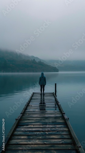 Solitude on the Lake: Reflective Water and Misty Horizon in Serene Scene Person standing at end of dock, misty lake, serene atmosphere, wooden pier, reflective water, foggy environment, solitude, cont