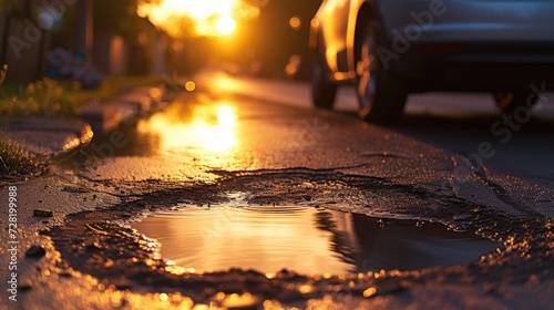 City Life and Infrastructure: Reflective Pothole on Wet Asphalt at Dusk