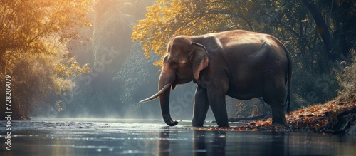 Majestic Elephant Walks Near River, Creating a Serene Scene of Elephant's Graceful Stroll by the Water
