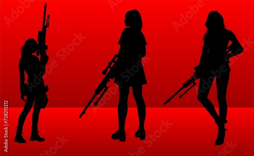 vector, ilustración, mujer, pegatina, armas, pistolas, poses