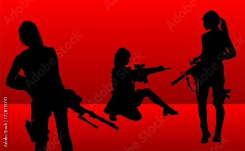 vector, ilustración, mujer, pegatina, armas, pistolas