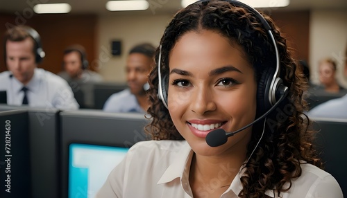 A smiling call center worker answers the call and provides the service with kindness and attention.