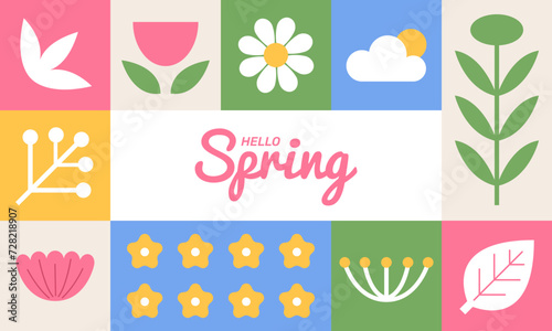 Hello spring sale banner. Minimal geometric shapes with squares. Modern lettering banner,greeting card, invitation, poster template background. Flat vector illustration.