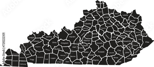 Kentucky state - county map Kentucky, KY, political map with capital Frankfort and largest cities. Commonwealth of Kentucky. State in the Southeastern region