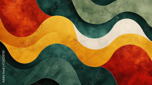 Groovy psychedelic abstract wavy background with rough texture combined with retro colors clay red, pine green and goldenrod