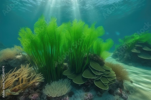 a Seagrass and natural sunlight underwater in the sea