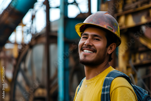 ヘルメットを被った工事現場の男性労働者の誇りある笑顔