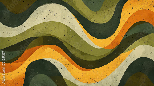 Groovy psychedelic abstract wavy background with rough texture combined with retro colors olive green, burnt sienna and mustard yellow