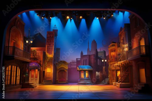 an empty stage set for an urban street scene, in the style of theatrical lighting, vibrant airy scenes