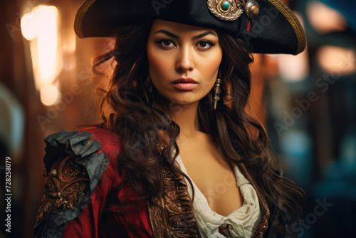  Close-up portrait of an Asian female pirate, 34 years old, repairing her pistol, with focused eyes, in a retro style