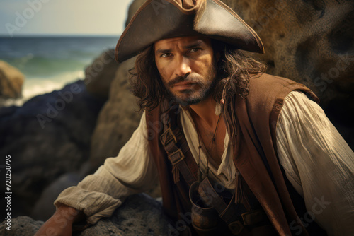  Retro portrait of a Hispanic male pirate, around 42 years old, on a rocky shore, a look of determination as he hides his treasure