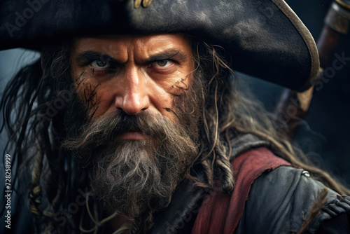  Vintage portrait of a Caucasian male pirate, 39 years old, training recruits, captured in a moment of intense instruction