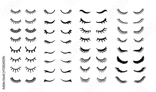 Eyelashes. Cartoon cute girl closed eye with lashes. Woman face makeup, black mascara. Simple beautiful girly sleep cilia line. Unicorn magic lash. Vector set