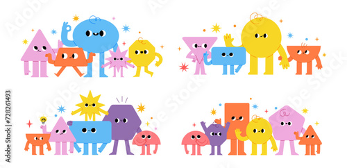 Geometry characters. Comic funny basic geometric figures group for banner and poster. Different emotion, kids compositions for child studying. Vector cute shapes