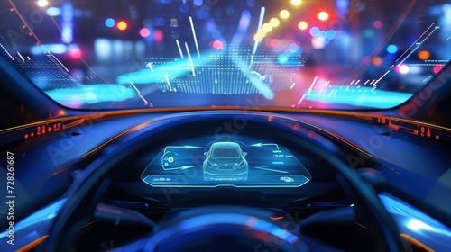 Detail of a cars headup display projecting crucial information onto the windshield making it easy for the driver to stay informed.