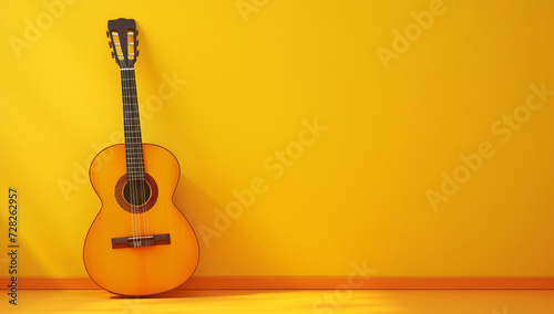 Sun-kissed Melody: A rustic acoustic guitar leans against a cheerful yellow wall, bathed in warm sunlight