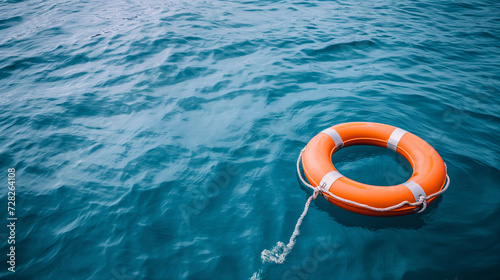 Orange lifebuoy in the blue sea. Safety equipment.