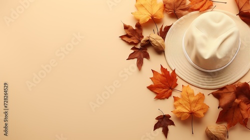 Flat lay autumn woman fashion, female hat , autumn leaves copy space background