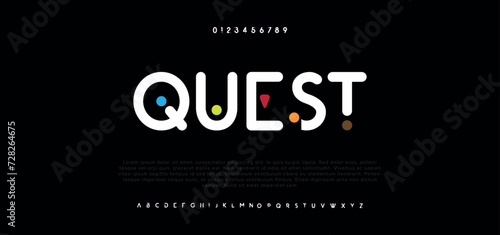 Quest modern alphabet. Dropped stunning font, type for futuristic logo, headline, creative lettering and maxi typography. Minimal style letters with yellow spot. Vector typographic design