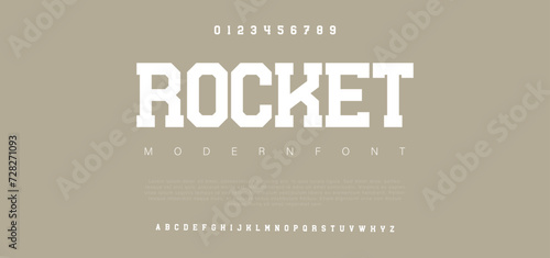 Rocket Creative modern alphabet. Dropped stunning font, type for futuristic logo, headline, creative lettering and maxi typography. Minimal style letters with yellow spot. Vector typographic desi
