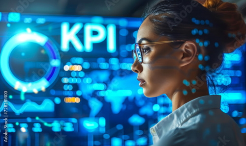 Focused businesswoman analyzing Key Performance Indicators (KPI) on futuristic digital interface, strategic management and data analysis concept