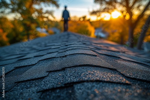 Plumber inspecting asphalt shingles pipe roofer checking roof for maintenance, roof inspection image