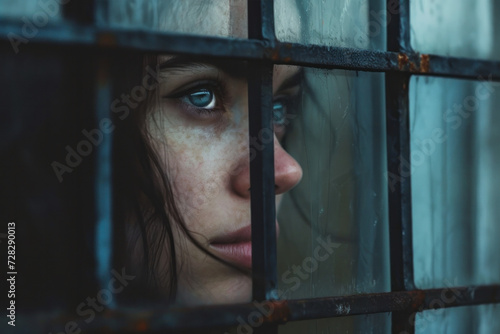 Woman Looking Out of a Barred Window