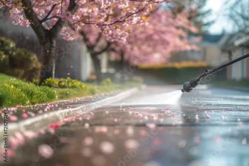 pressure washing the drive way in front of a house, cherry trees, spring cleaning