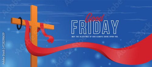 Good friday day - Red long cloth wave and thorns hung on cross crucifix on blue sky background vector design