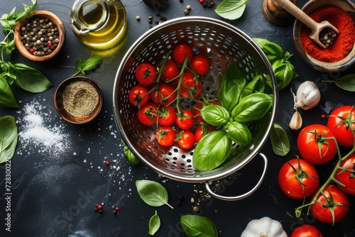 Top view of a steel colander surrounded by various mediterranean ingredients such as basil, tomatoes, olive oil, garlic and pepper. 