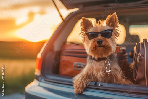 A cute Yorkshire terrier with sunglasses standing in a full car trunk of luggage on a sunrise ready for an adventurous road trip.