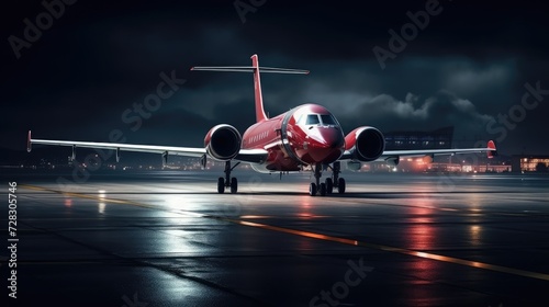 Nocturnal Red Jet Ready for Takeoff on Rainy Runway Cityscape Generative AI