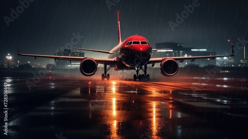 Red Jet Piercing Through Rainy Night Sky Over Illuminated City Generative AI
