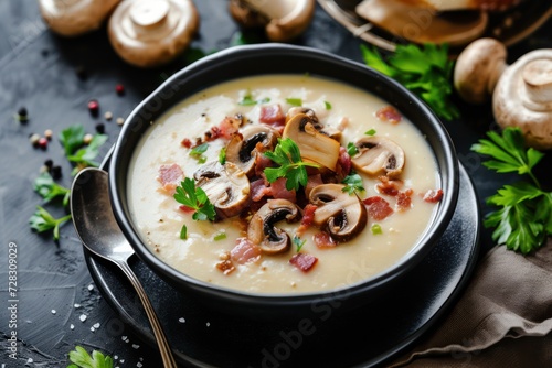 Fresh delicious hot puree soup with mushrooms and bacon in a black plate on a dark background 