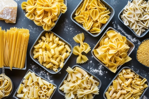 Layout of Italian raw pasta, top view, different types and shapes of pasta 