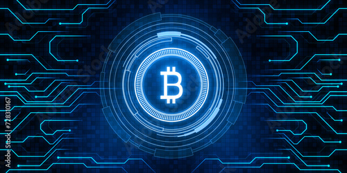 Creative glowing crypto coins on dark blue backdrop with circuit lines. Cryptocurrency, digital money, technology and economic network concept. 3D Rendering.